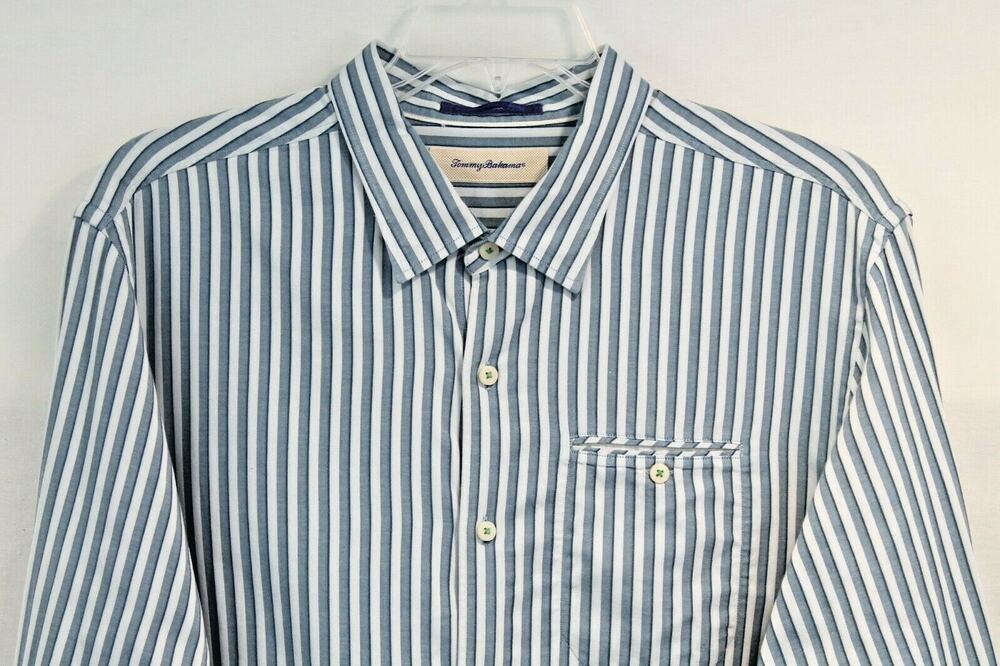 Tommy Bahama Shirt Casual Career Mens XL Blue Striped Collar Pocket Button Up
